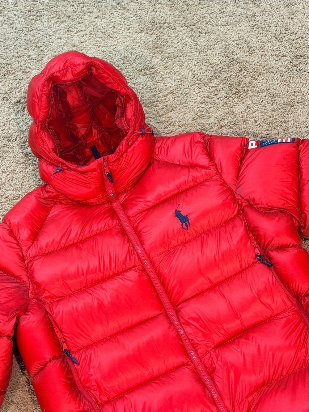 Polo Ralph Lauren USA Flag Down Puffer Jacket Red Mens Large NWOT MSRP $598